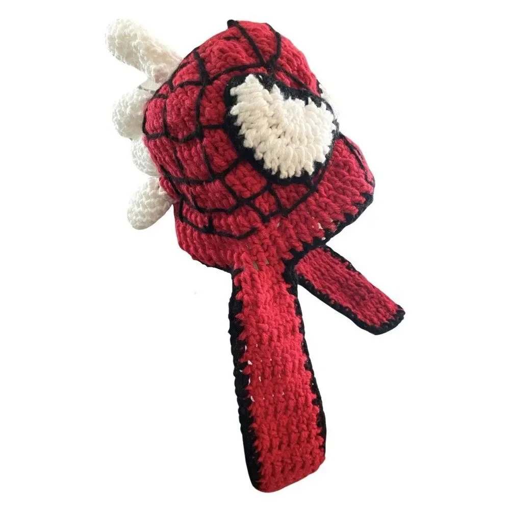 Spider-Man Crocheted Knitted Beanie Youth 6-8 Years Handmade Ear Flaps Webs
